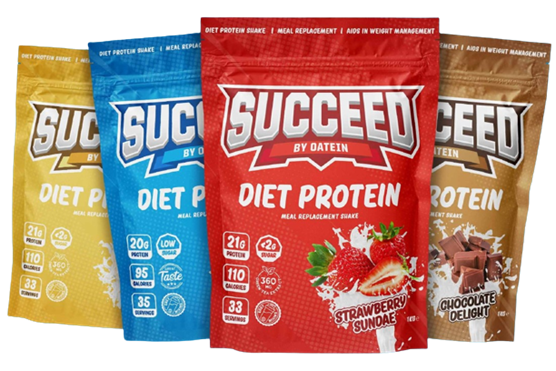 Succeed by Oatein Diet Protein. Green Tea Extract Low Sugar. Flavors: Strawberry Sundae, Cookies n Cream, Chocolate Delight, Vanilla Ice Cream