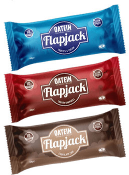 Oatein Low Sugar Oven Baked Protein Bar Flapjack. Flavors: Cherry Bakewell, Chocolate Chip, Cookies & Cream