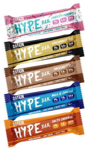 Oatein Low Calories Hype Protein Bar. Flavors: Confetti Cupcake, Chocaholic (vegan), Milk & Cookies, Salty Caramel, Hazelnuty