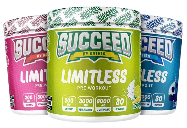 Succeed by Oatein Limitless Pre Workout. Caffeine. Flavors: Lemon & Lime, Fruit Punch, Blue Razz